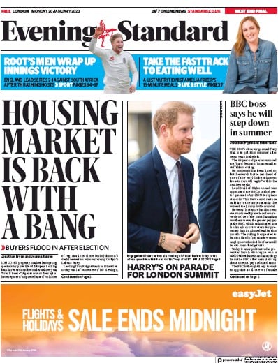 London Evening Standard Newspaper Front Page (UK) for 21 January 2020