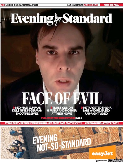 London Evening Standard Newspaper Front Page (UK) for 21 February 2020