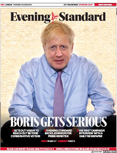 London Evening Standard Newspaper Front Page (UK) for 21 June 2019