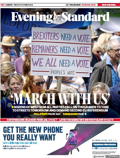 London Evening Standard Newspaper Front Page (UK) for 22 October 2018