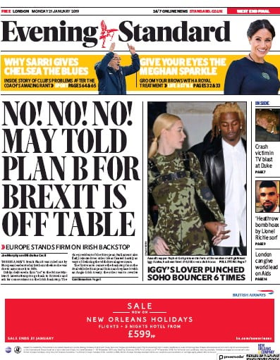 London Evening Standard Newspaper Front Page (UK) for 22 January 2019