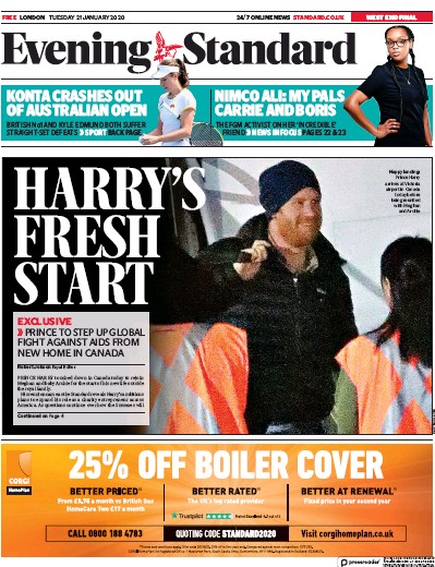 London Evening Standard Newspaper Front Page (UK) for 22 January 2020