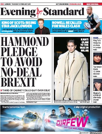 London Evening Standard Newspaper Front Page (UK) for 22 February 2019