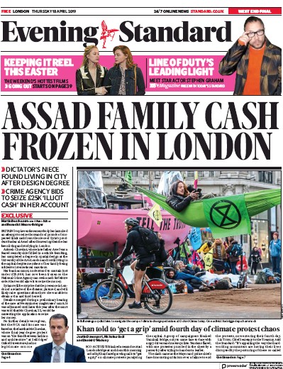 London Evening Standard Newspaper Front Page (UK) for 22 April 2019