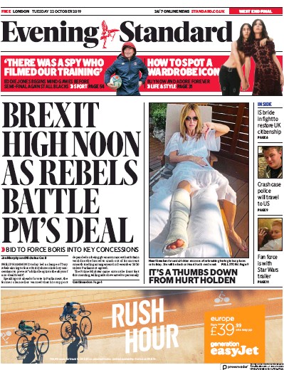 London Evening Standard Newspaper Front Page (UK) for 23 October 2019