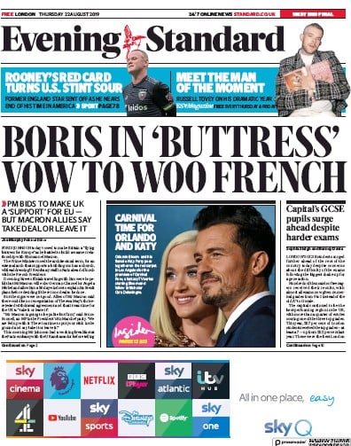 London Evening Standard Newspaper Front Page (UK) for 23 August 2019