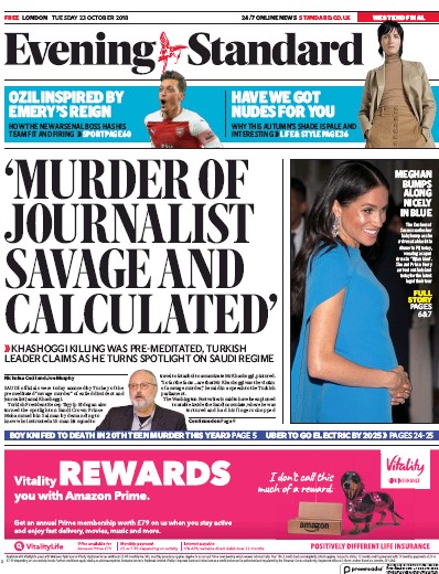 London Evening Standard Newspaper Front Page (UK) for 24 October 2018