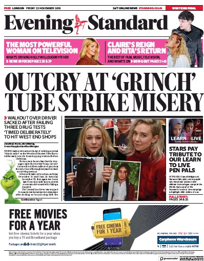 London Evening Standard Newspaper Front Page (UK) for 24 November 2018