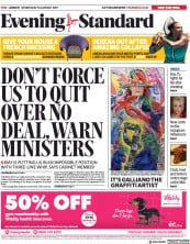 London Evening Standard (UK) Newspaper Front Page for 24 January 2019