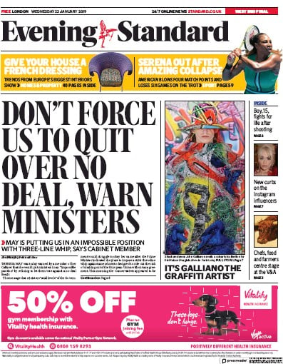 London Evening Standard Newspaper Front Page (UK) for 24 January 2019