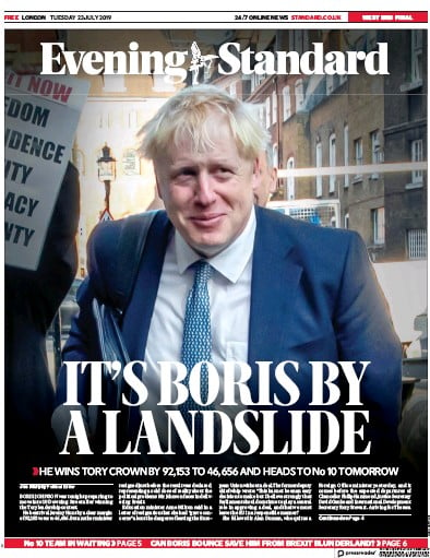 London Evening Standard Newspaper Front Page (UK) for 24 July 2019