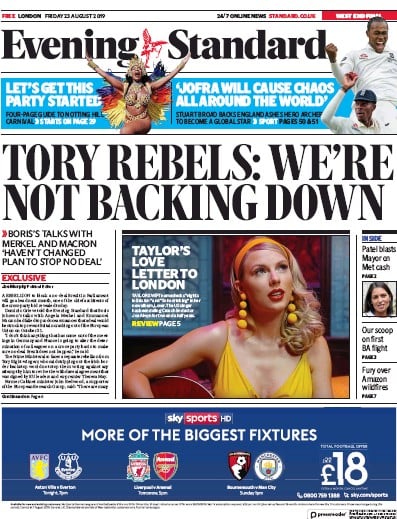 London Evening Standard Newspaper Front Page (UK) for 24 August 2019