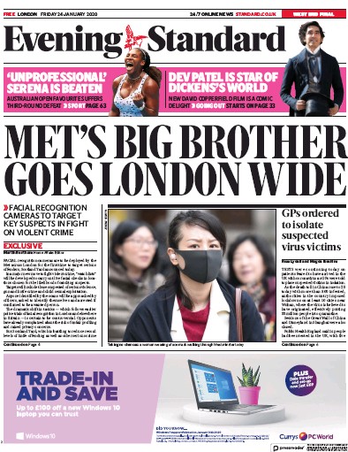 London Evening Standard Newspaper Front Page (UK) for 25 January 2020