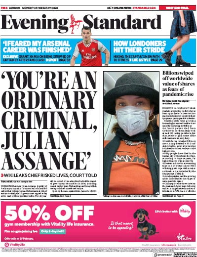 London Evening Standard Newspaper Front Page (UK) for 25 February 2020
