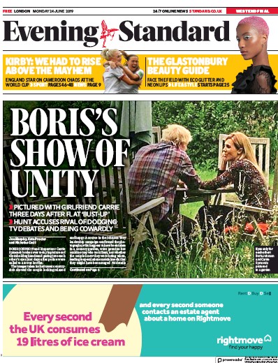 London Evening Standard Newspaper Front Page (UK) for 25 June 2019