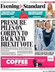 London Evening Standard (UK) Newspaper Front Page for 25 September 2018