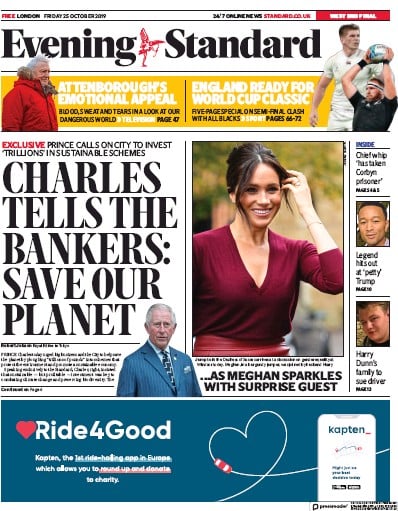 London Evening Standard Newspaper Front Page (UK) for 26 October 2019