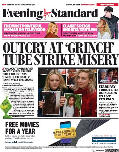 London Evening Standard Newspaper Front Page (UK) for 26 November 2018