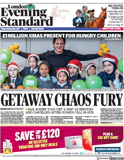 London Evening Standard Newspaper Front Page (UK) for 26 December 2017