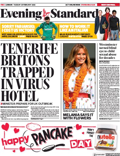 London Evening Standard Newspaper Front Page (UK) for 26 February 2020