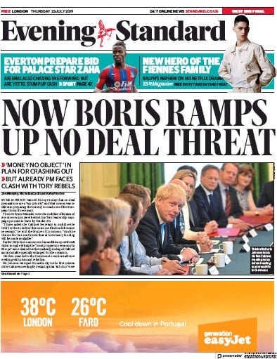London Evening Standard Newspaper Front Page (UK) for 26 July 2019
