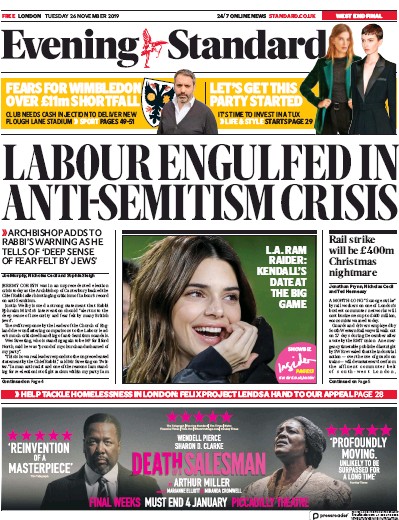 London Evening Standard Newspaper Front Page (UK) for 27 November 2019
