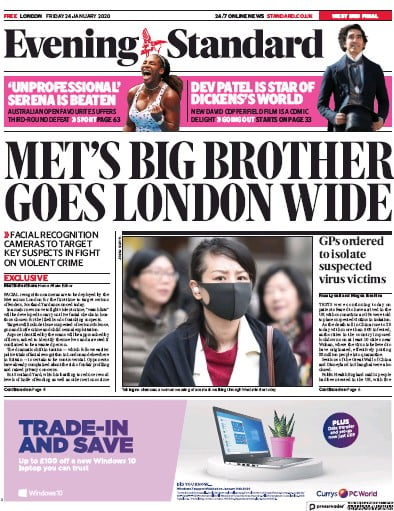 London Evening Standard Newspaper Front Page (UK) for 27 January 2020