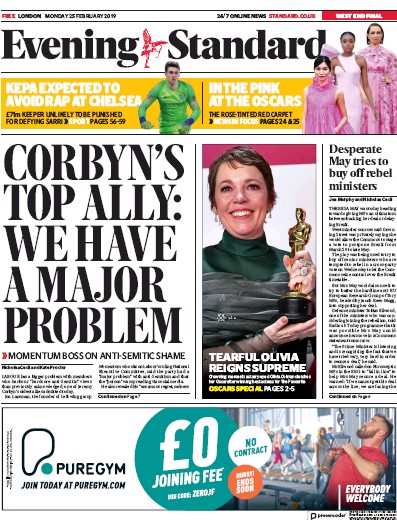 London Evening Standard Newspaper Front Page (UK) for 27 February 2019
