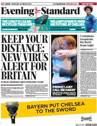London Evening Standard Newspaper Front Page (UK) for 27 February 2020