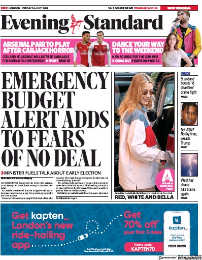 London Evening Standard Newspaper Front Page (UK) for 27 July 2019