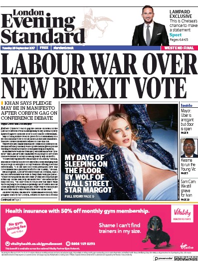 London Evening Standard Newspaper Front Page (UK) for 27 September 2017