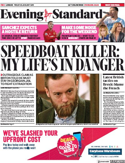 London Evening Standard Newspaper Front Page (UK) for 28 January 2019