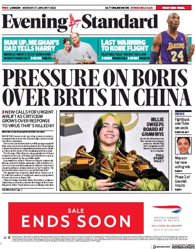 London Evening Standard Newspaper Front Page (UK) for 28 January 2020