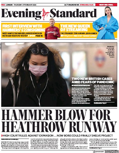 London Evening Standard Newspaper Front Page (UK) for 28 February 2020