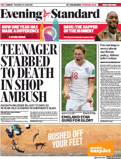 London Evening Standard Newspaper Front Page (UK) for 28 June 2019