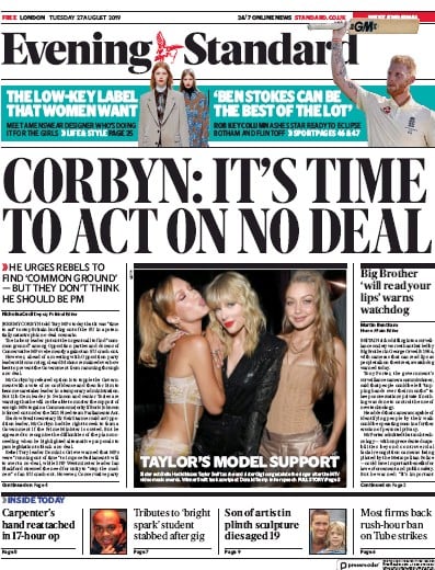 London Evening Standard Newspaper Front Page (UK) for 28 August 2019