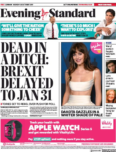 London Evening Standard Newspaper Front Page (UK) for 29 October 2019