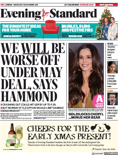 London Evening Standard Newspaper Front Page (UK) for 29 November 2018