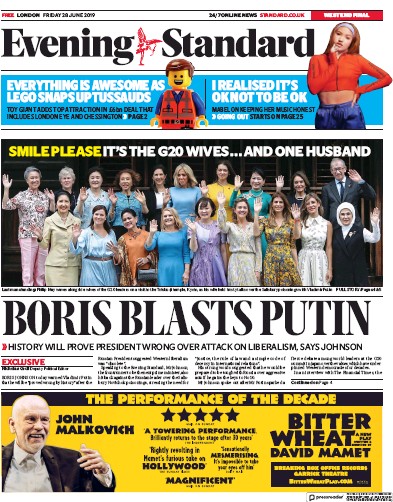 London Evening Standard Newspaper Front Page (UK) for 29 June 2019