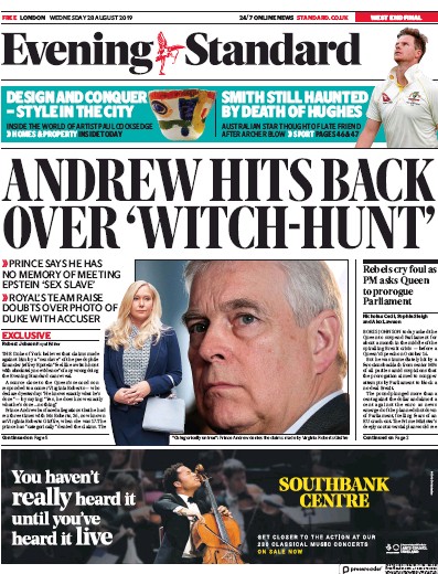 London Evening Standard Newspaper Front Page (UK) for 29 August 2019