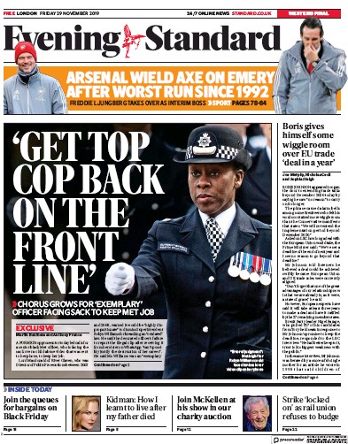 London Evening Standard Newspaper Front Page (UK) for 2 December 2019