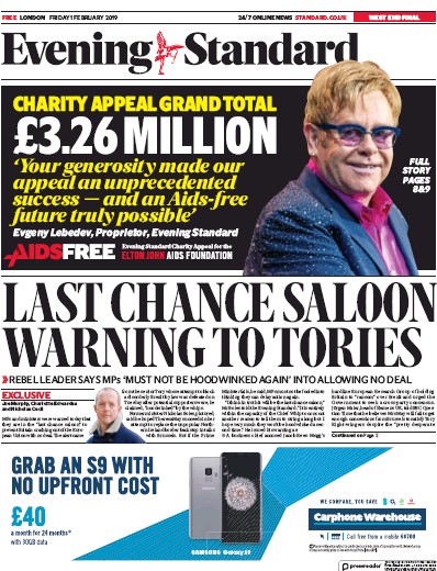 London Evening Standard Newspaper Front Page (UK) for 2 February 2019