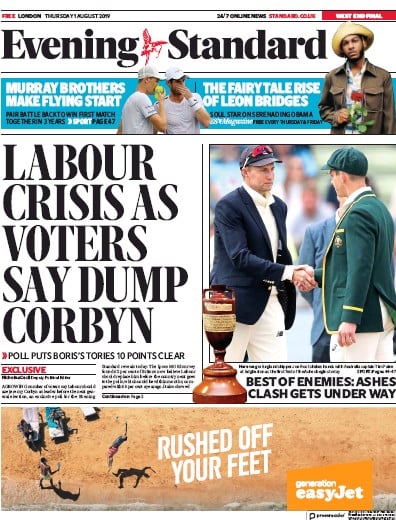 London Evening Standard Newspaper Front Page (UK) for 2 August 2019