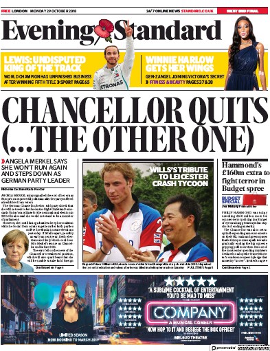 London Evening Standard Newspaper Front Page (UK) for 30 October 2018
