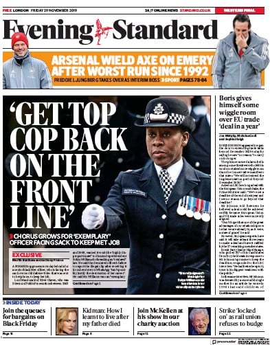 London Evening Standard Newspaper Front Page (UK) for 30 November 2019