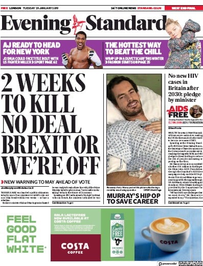 London Evening Standard Newspaper Front Page (UK) for 30 January 2019