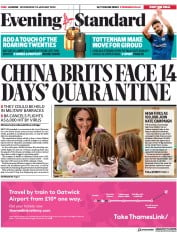 London Evening Standard (UK) Newspaper Front Page for 30 January 2020