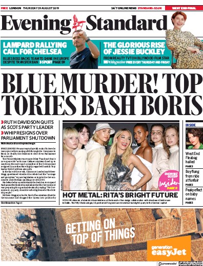 London Evening Standard Newspaper Front Page (UK) for 30 August 2019