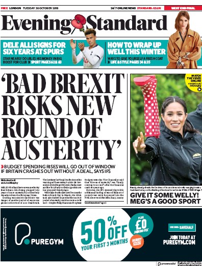 London Evening Standard Newspaper Front Page (UK) for 31 October 2018