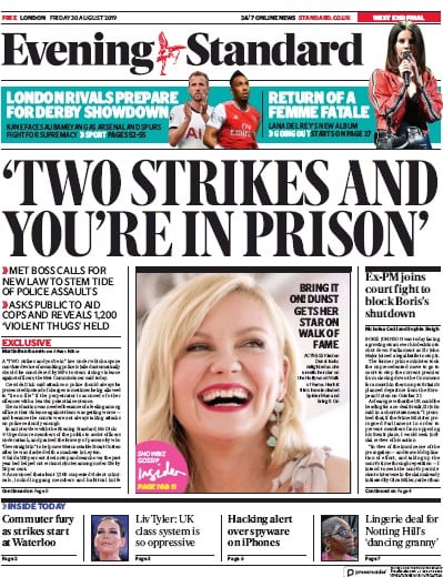 London Evening Standard Newspaper Front Page (UK) for 31 August 2019